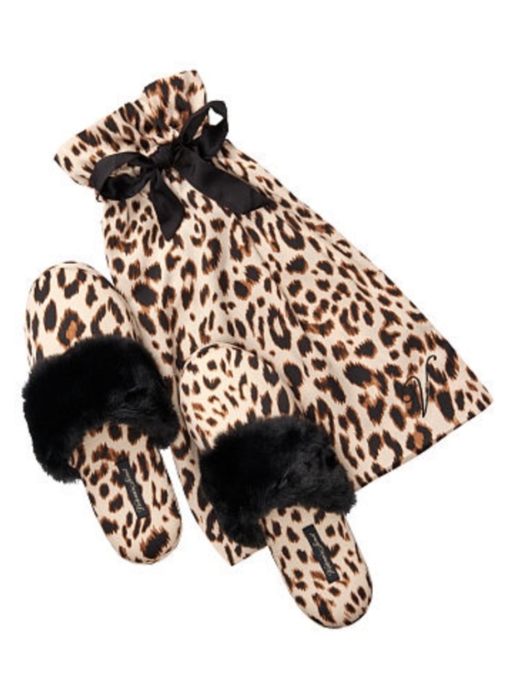Victoria's Secret Signature Satin Faux Fur Leopard Print Slippers